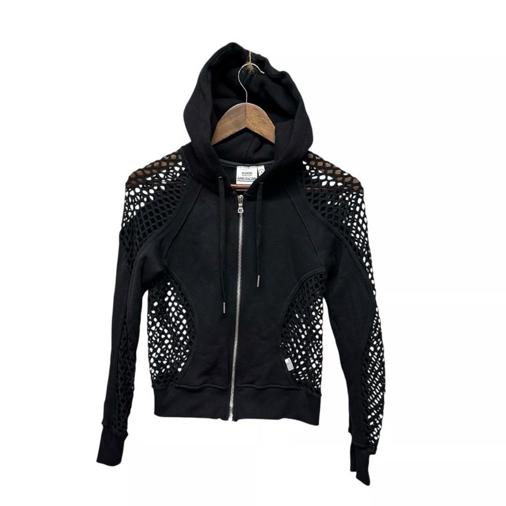 Good American Black Mesh Sweater Crop Hoodie Sz 0/S Full Zipper